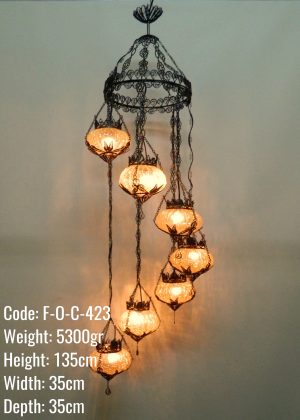 Authentic 7 Glass Filigree Copper Ottoman Authentic Lamp Chandelier / Set - F-O-C-423