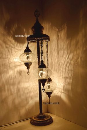 Floor Lamp 3 Big Crackle Clear Globe, Bedside Lighting, Ottoman Handcrafted Metal I-S-F 5501