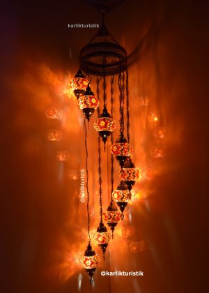 Turkish Lamp 9 GLOBE Sprial Desing Set, Ottoman Lamp Ceiling ,Moraccon Lamp ,Turkish Mosaic Ceiling Chandelier Lamp-I-S-C-5312
