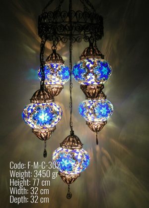 Turkish  Chandelier 5 Globe made of copper filigree hanging mosaic lamp - F-M-C-302