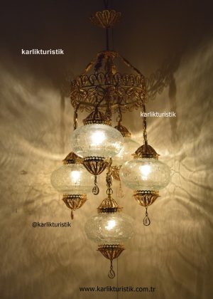 Turkish Handmade Unique Filigree Art Transparent GLass Lamps 4+1 Ball Ceiling Lamps Home Decor Gold Plated Copper Material Chanderliers