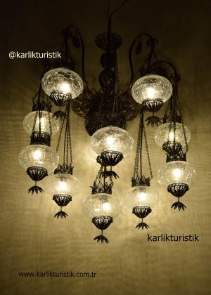 OttomanLamps Models,Turkish Lamp Chandelier,Cracked glass Lamp Hanging,10 leg 11 globe,Handmade Filigree ART Copper Matirerial
