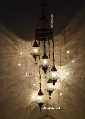 Ottoman Style HANGİNG LAMP, Turkish lamp, Chandelier 5 Globe Sprial Desing I-S-C-5305 with laser