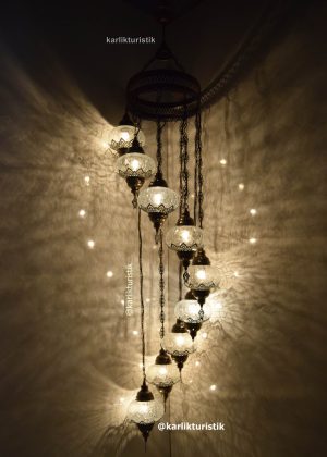 Turkish Ceiling Lamp, Ottoman Hanging Lamp ,Turkish Hanging lamp,Turkish Chandelier, 9 Glass Cracked Transparent Color Authentic Pendant Lamp I-S-C-5313 laser