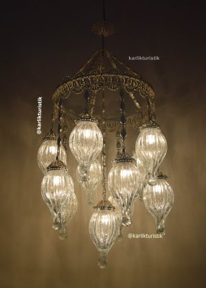 Hotel Chandelier Illumination 11 ottoman blowing glass Decoratif Turkish light Copper Filigree art  Silver plated