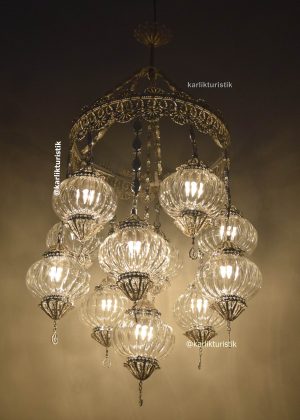 Hotel Chandelier Illumination 11 ottoman pyrex glass Decoratif Turkish light Copper Filigree art  Silver plated