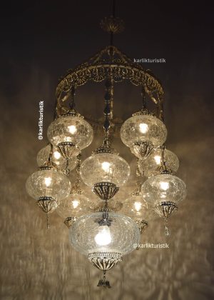 Hotel Chandelier Illumination 11 ottoman crakced glass Decoratif Turkish light Copper Filigree art  Silver plated
