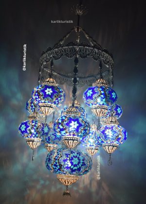 Hotel Chandelier Illumination 11 mosaic glass Decoratif Turkish light Copper Filigree art  - F-M-C-307 Silver plated