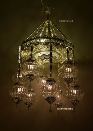 Hotel Chandelier Illumination 10 ottoman pyrex glass Decorative Turkish light Copper Filigree art  Silver plated