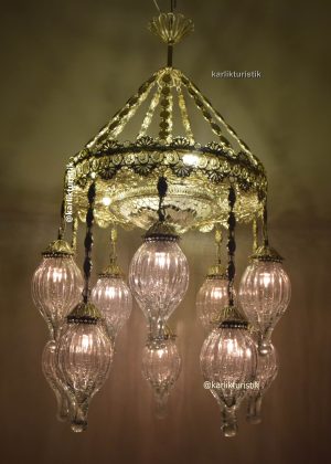 Hotel Chandelier Illumination 10 ottoman blowing glass Decorative Turkish light Copper Filigree art  Silver plated