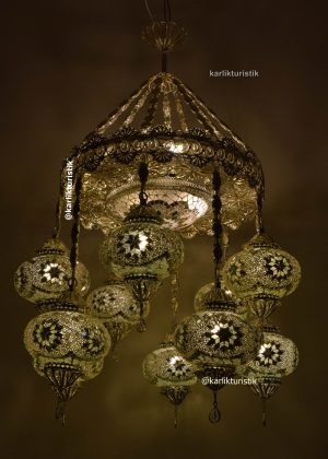 Home Decor Lights Hotel Chandelier Illumination 10 mosaic glass Turkish light Copper Filigree art  - F-B-M-102 Silver Plated
