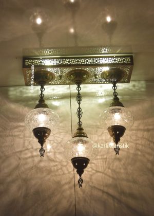 Ottoman chandelier, original antique pendant chandelier, authentic lamp 3-piece cracked glass rectangular chandelier