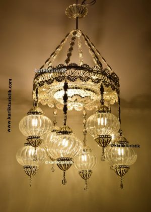 Hotel Chandelier Illumination 8 ottoman pyrex glass Decorative Turkish light Copper Filigree art  Silver plated