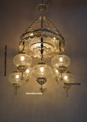 Hotel Chandelier Illumination 8 ottoman crecked glass Decoratif Turkish light Copper Filigree art  Silver plated