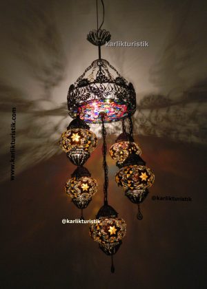 Turkish  Chandelier 5 Globe made of copper filigree hanging mosaic lamp middle mosaic