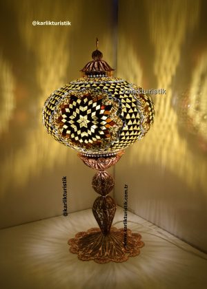 Large Mosaic Table Lamp – Turkish Decorative Light with Copper-Plated Copper Filigree Lampshade Handcrafted | Made in Turkey