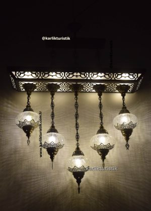Modern Classic Ottoman Style 5 cracked glass with laser Pendant Dining Table Chandelier – Handcrafted Turkish Lamp Set, Decorative Countertop & Restaurant Hanging Light