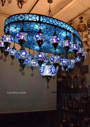 Custom Handmade Mosaic Chandelier – Seljuk Patterned Turquoise & Blue Lighting Design