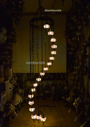 Large Spiral Pendant Chandelier – 18 Globe Handmade Turkish Mosaic Lamp