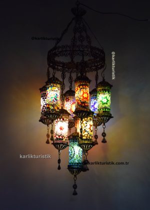 Handmade 10-Light Turkish Mosaic Chandelier - Cylinder Glass Copper Filigree Pendant - Authentic Boho Ceiling Light - Filigree Art