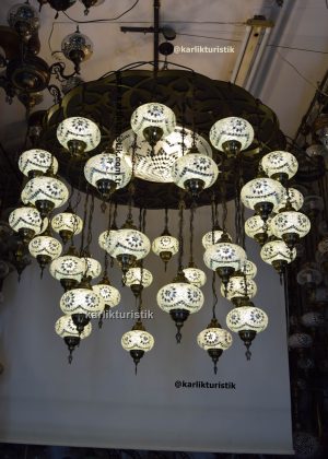 Extra Large White Colours Mosaic Chandelier - 34 Globes Turkish Moroccan Hanging Lamp - 47" Diameter Grand Chandelier for High Ceilings