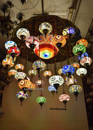 Extra Large Mix Colours Mosaic Chandelier - 34 Globes Turkish Moroccan Hanging Lamp - 47" Diameter Grand Chandelier for High Ceilings